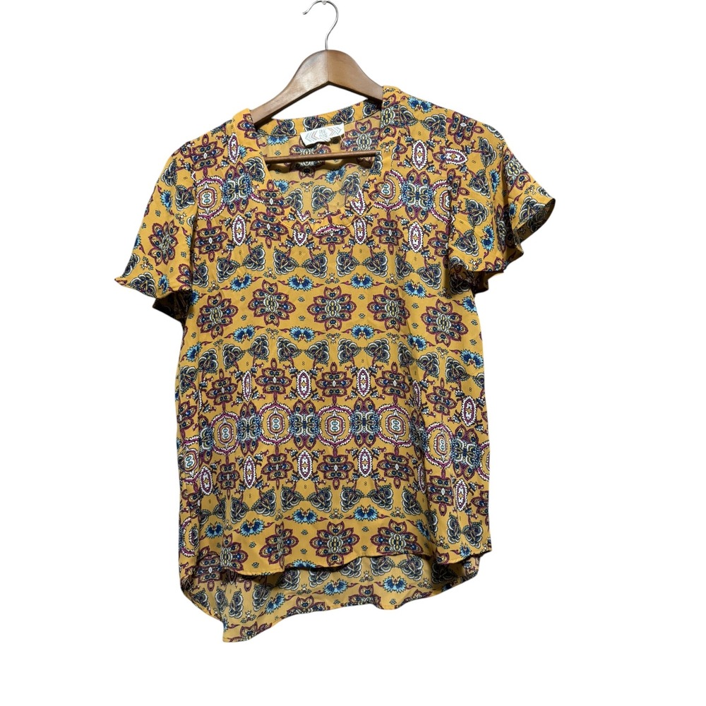 Pink Rose Blouse Womens M Yellow Paisley Flutter Sleeve Boho V-Neck Excellent